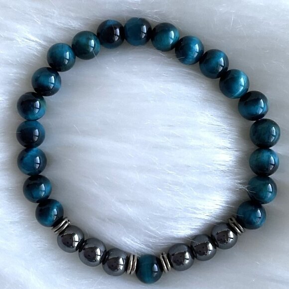 BLUE TIGER’S EYE BRACELET GEM BEAD BRACELT UNISEX NEW - Picture 4 of 5